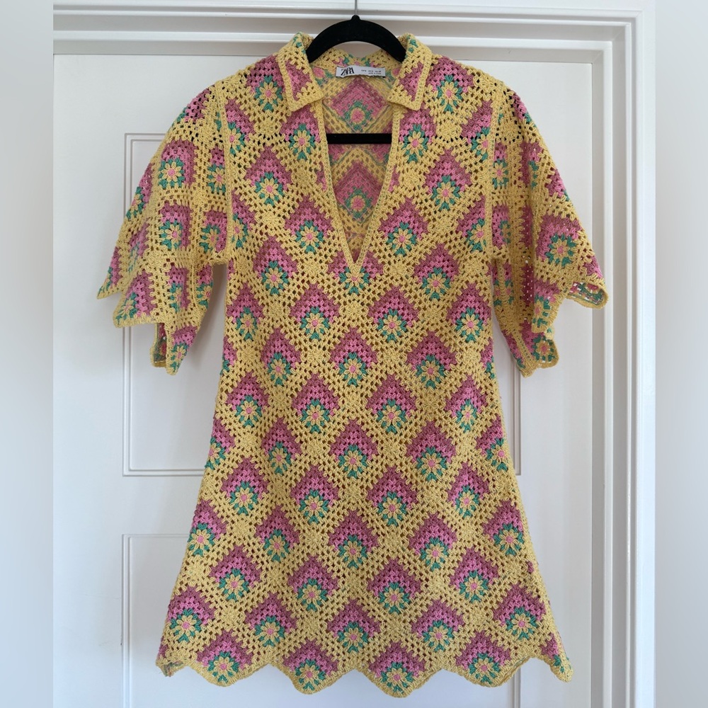 ZARA Limited Edition Floral Patchwork Crochet Knit Mini Dress Womens Small